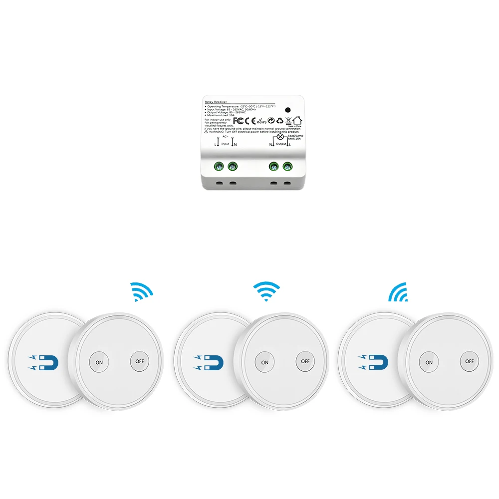 

Magnetic Remote Control Light Switch Kit, 200m Range Mini Wireless Lighting Switch for Household Appliances, 3 remotes 1 relay