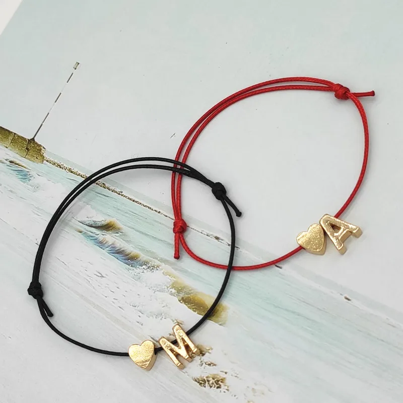 New Gold Color Tiny Heart Initials Name Charm Letter Bracelet For Women Men Lucky String Rope Red Bracelets Couple Gifts