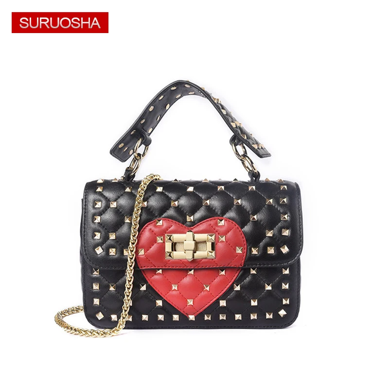 

100% Sheepskin Women Fashion Rivet Shoulder Bags Genuine Leather Heart Chain Crossbody Bag Luxury Designer Evening Bags