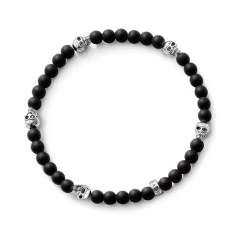 

925 Silver Black Obsidian & Skulls Beads Bracelet, Width 8mm, European Bijoux Most Fashion Good Bracelet Jewelry for Women Men