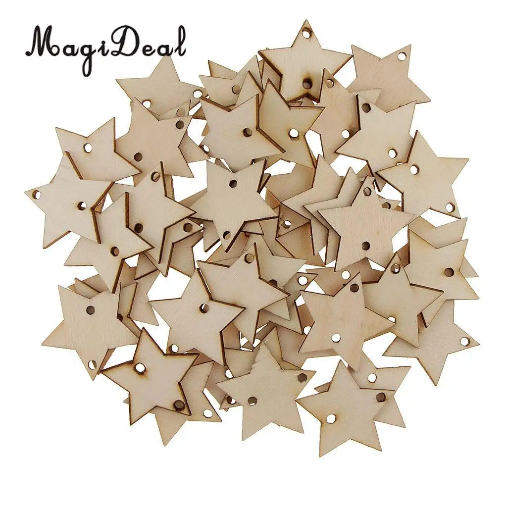 50pcs 35mm Unfinished Wooden Disc Star Tags MDF Wood Cutouts Crafts Embellishment With 2 Holes for DIY Wooden Board Decorations