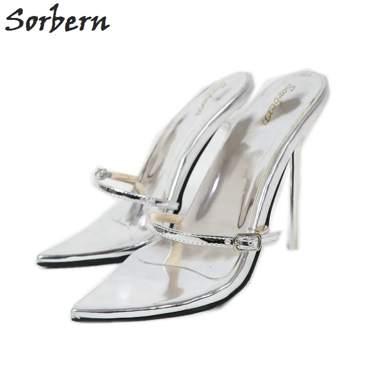 Sorbern/Новинка Серебристые шлепанцы на каблуке 12 см 14 16 женские туфли тонком