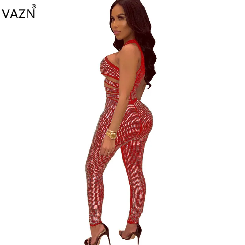 VAZN, женский сексуальный клубный тяжелый промышленный ромпер с бриллиантами, с открытыми плечами, облегающий, с вырезами, эластичный, карандаш, длинный Ромпер, ME2726