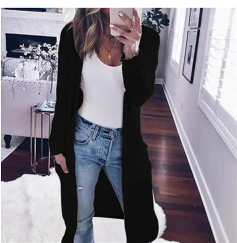 Autumn Winter Long Sweater Women Knitting Cardigan Fashion 2018 Pockets Open Stitch Sweater Coat Female Casual Vintage Knitwear