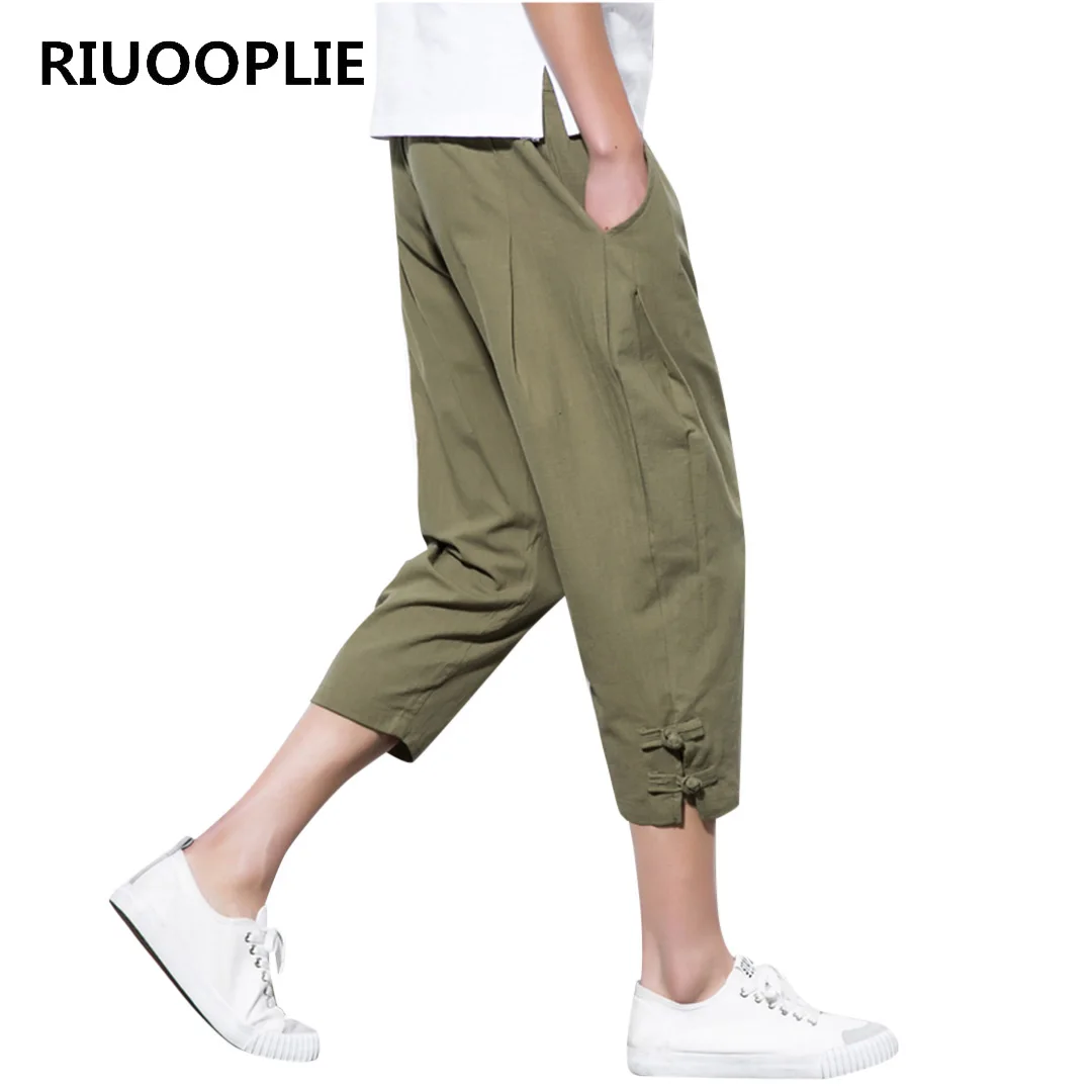 RIUOOPLIE Men Chinese Style Haren Pants Elastic Waist Loose Seven Points Jogger Pants 4