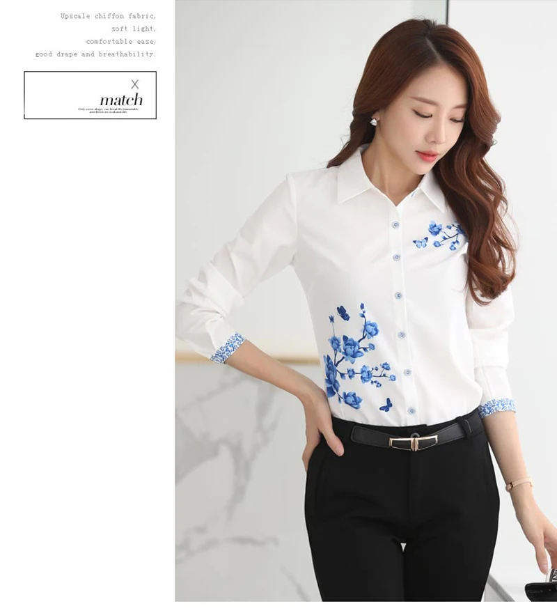 sexy blouses for women Long Sleeve Blue butterfly Flower Print Blouse Women 2021 Summer fall Top Elegant Work Office Plus Size Shirt White Blouse C181 cute blouses