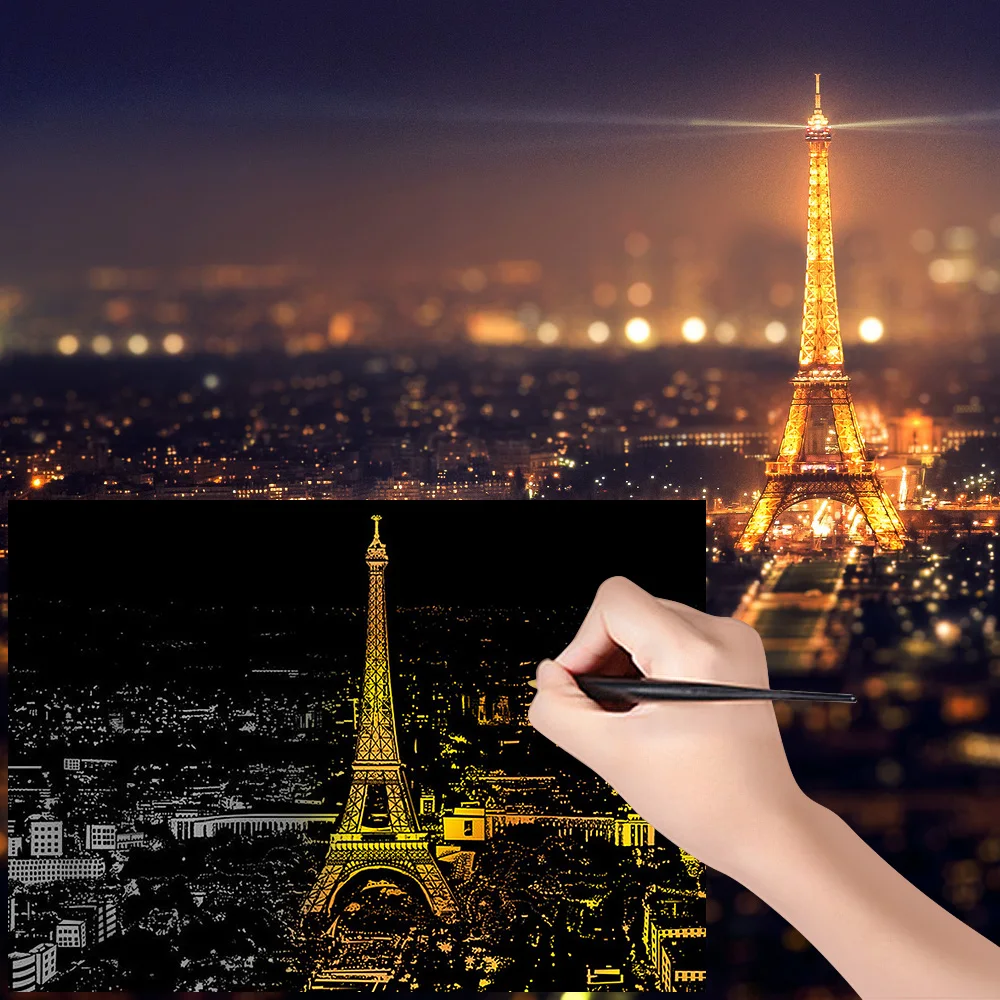 Art Scratch Kit Black Engraving Art Scratch Painting Cities Landscape Paris Painting Paper Boards Home Decoration Accessories (3)