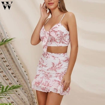 

Womail Women tracksuit summer Fashion Casual 2 Piece Printing V-Neck Sleeveless Tops+Short Skirt Set beach holiday 2019 J611