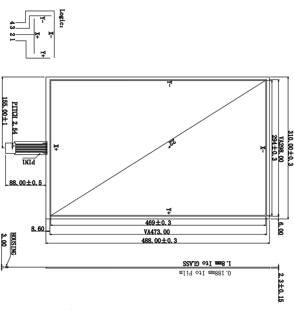 22 Inch 310x488mm 4 Wire Resistive Touch Screen