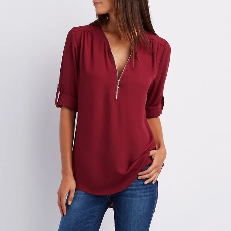 2019 Newly Hot Women Summer Chiffon Shirts V Neck Pullover Zipper Loose Long Sleeves Casual Tops MSK66