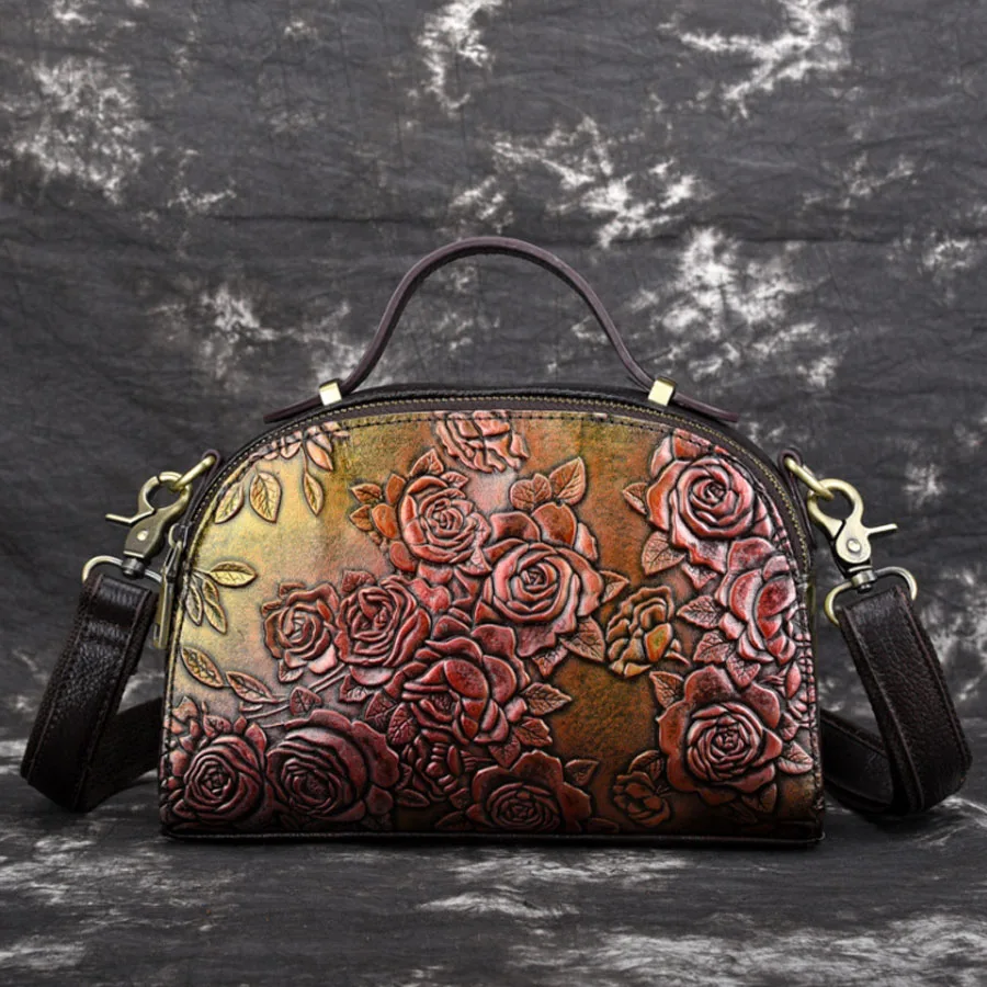 

Vintage Rose handbags Trend Women Genuine Leather Tote Bag Casual Crossbody Messenger Shoulder Bags Embossed Cowhide Handbag