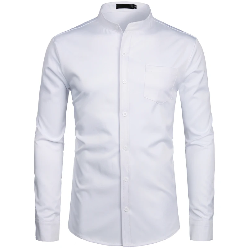 Мужские зеленые рубашки с воротником-стойкой, новинка, брендовая приталенная рубашка с длинным рукавом, мужская повседневная рубашка на пуговицах с карманом, S-2XL - Цвет: White