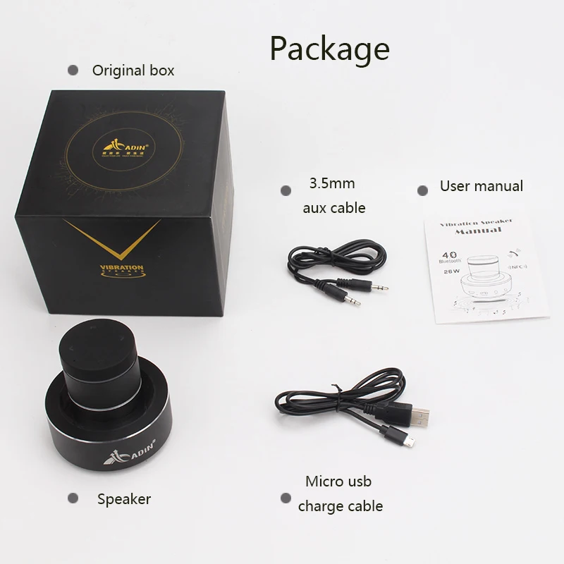 Adin 26W Vibration Speaker Bluetooth Bass Portable Speakers Wireless Resonance Touch Stereo Subwoofe NFC Handsfree with Mic
