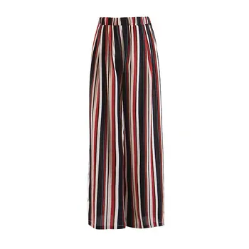 

2019 Summer Women Fashion High Elastic Waist Full Wide Leg Pants Colorful Striped Print Loose Trousers