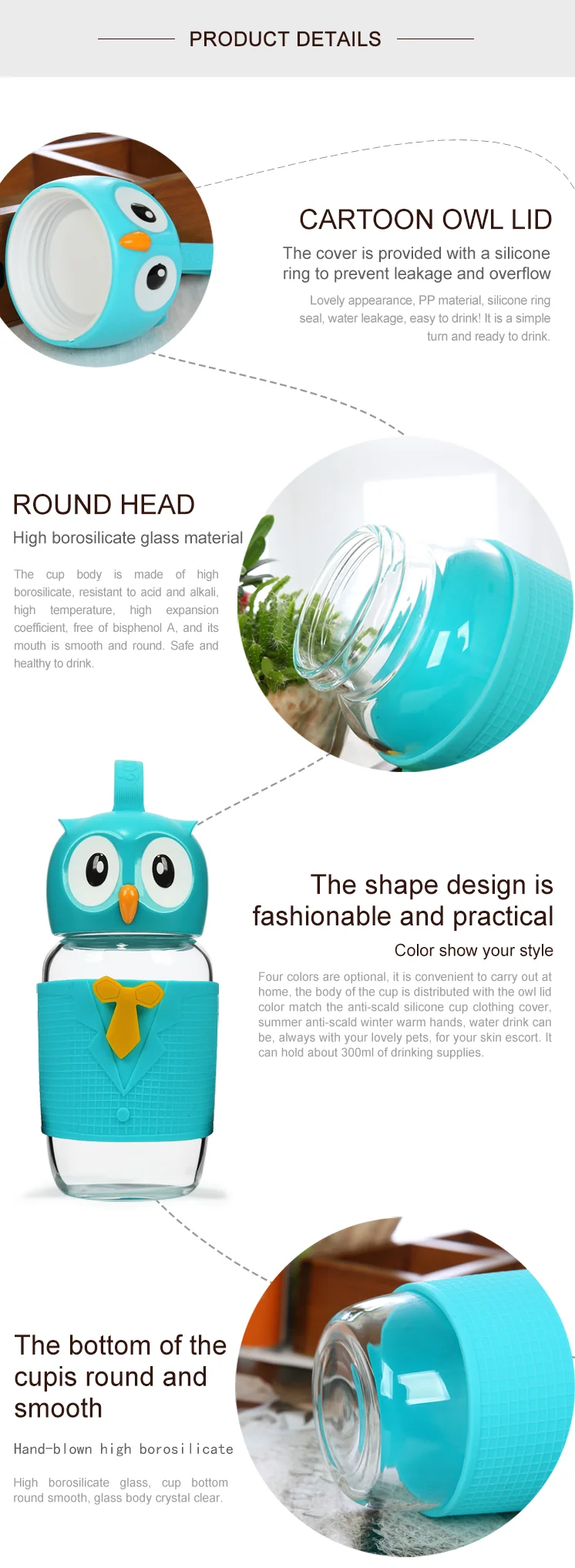 2019 good quality high borosilicate glass cute Owl-type water bottle with wholesales price