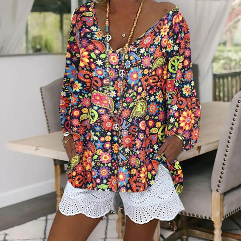 

Women's Top Fashion Casual Long Sleeve Floral Printed V-neck Long Sleeve Blouse plus size S-5XL blusas tallas grandes T#