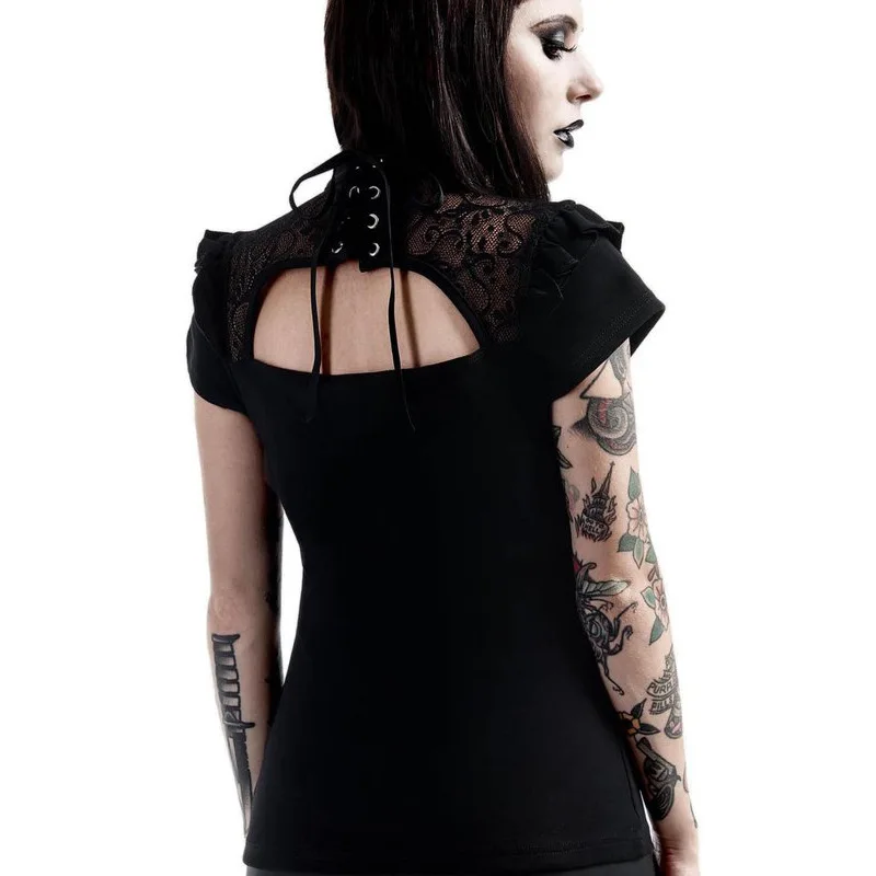 Женская футболка с сеточкой Goth Dark, элегантная футболка с дырками вырезами и воротником-хомутом, однотонная футболка с рукавом-бабочкой