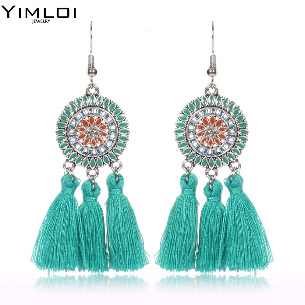 Buy Flower Fabric Long Colorful Tassel Earrings