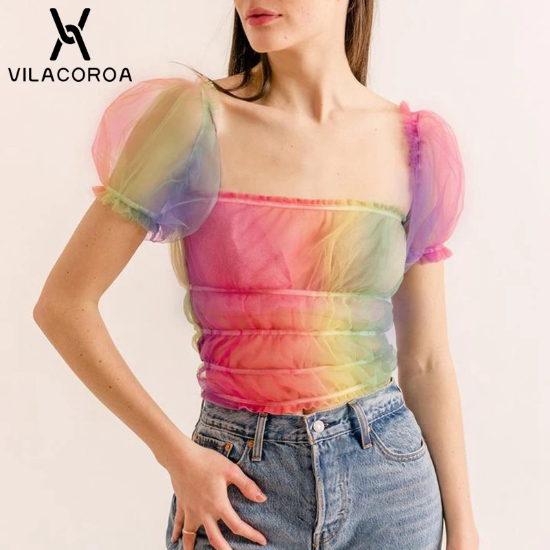 

Mesh Perspective Sexy Colorful Top Women Pleated Square Neck Puff Sleeve Short Sleeve TShirt Women Fashion Streetwear haut femme