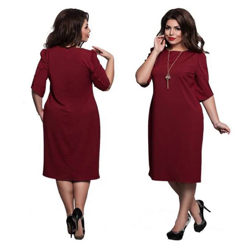

2018 New Plus Size L-6XL Fat MM Women Office Uniforms Ladies Banquet A-Line Casual 4 Colours Solid Party Dresses JTZC0022