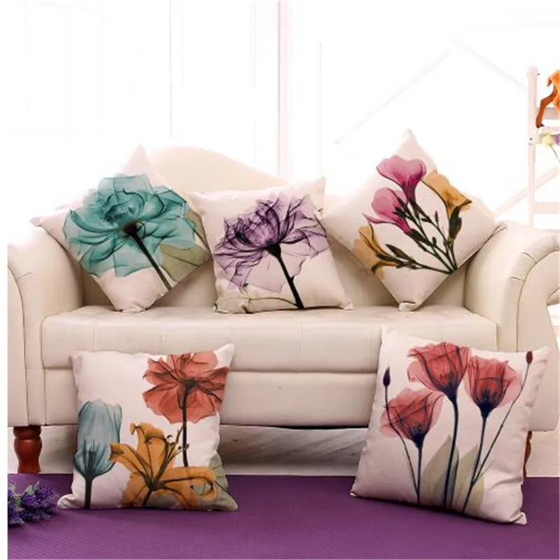 

Square 18" Cotton Linen Watercolor Flowers Printed Cushions Coffee House Waist Pillows Without Filling Home Decor