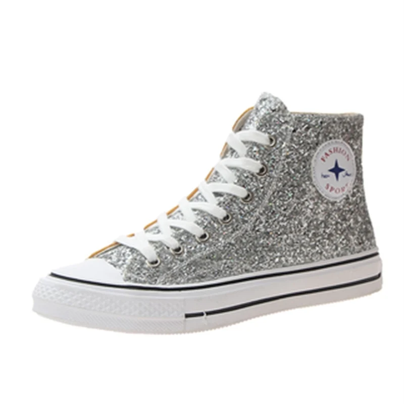 

2019 Lace Up Flats Casual High Top Sliver Canvas Shoes Glitter Sequins High Top Women Shoes 35-39