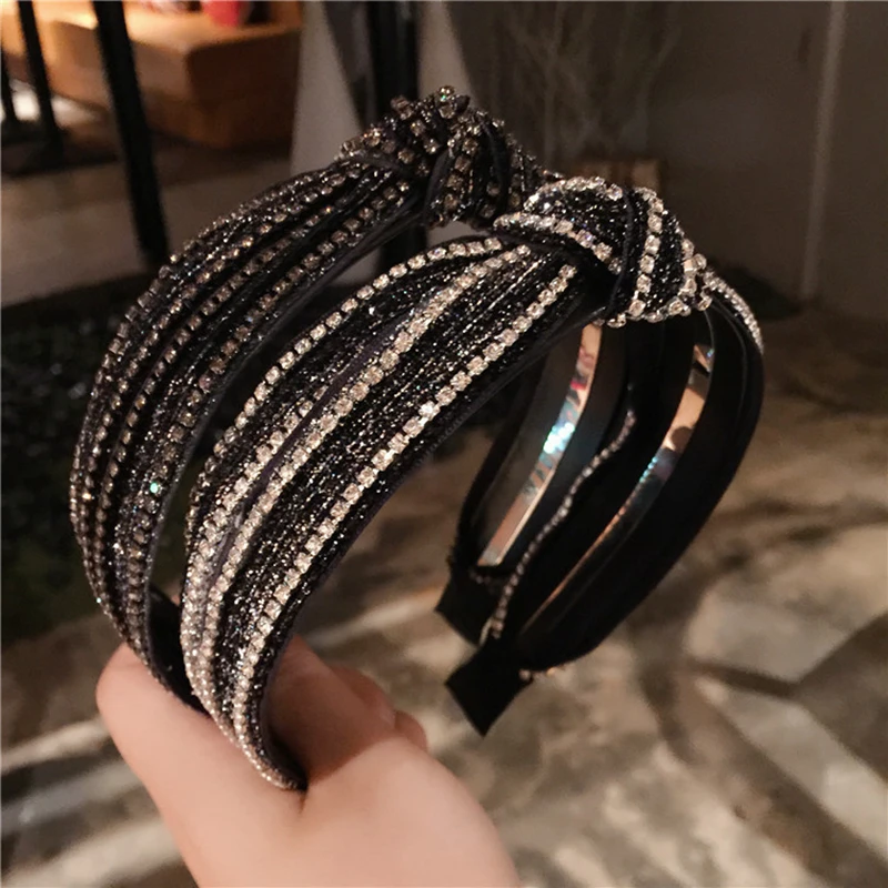 Xugar Hair Accessories Rhinestone Striped Women Hairband Autumn Cross Knot Wide Side Hair Hoop Bride Wedding Headwear