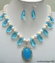 Белый жемчуг Небесно-Голубой цирконий драгоценный камень подвеска и серьги из кристаллов ожерелье Кварцевые тонкие свадебные широкие часы Крылья Женщины королева