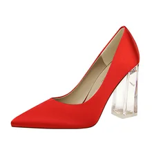 Women Pumps Shoes Satin Clear Crystal Heel Shallow Pointed Toe Slip-On 10cm Thick High Heels Sexy Party Wedding Female Shoes kjstyrka women pumps 2018 autumn shoes transparent 10cm high heels sexy pointed toe slip on clear party dress shoes for lady