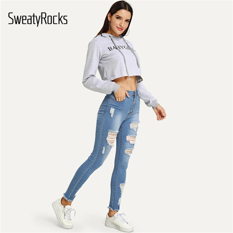 SweatyRocks выцветшие стирка рваные джинсы для женщин уличная синие джинсы брюки девочек Кнопка Fly женские узкие джинсы повседневные штаны