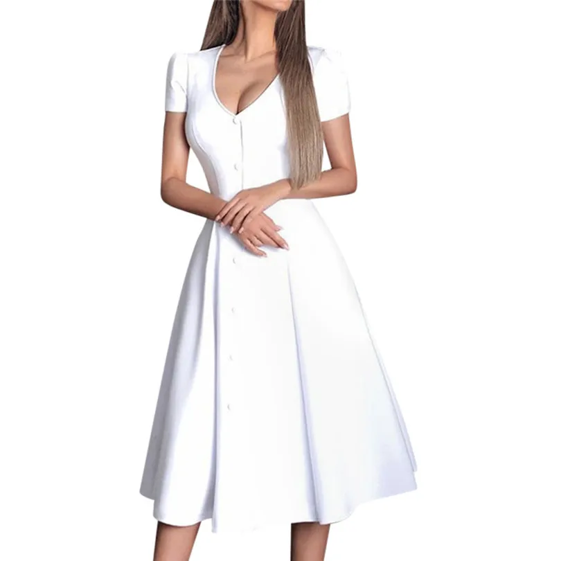 

New Women Summer Fashion Solid Swing Dress 2019 V-neckline Short Sleeve Button Splice Party Big Swing Dress #Jun17 Wholesale