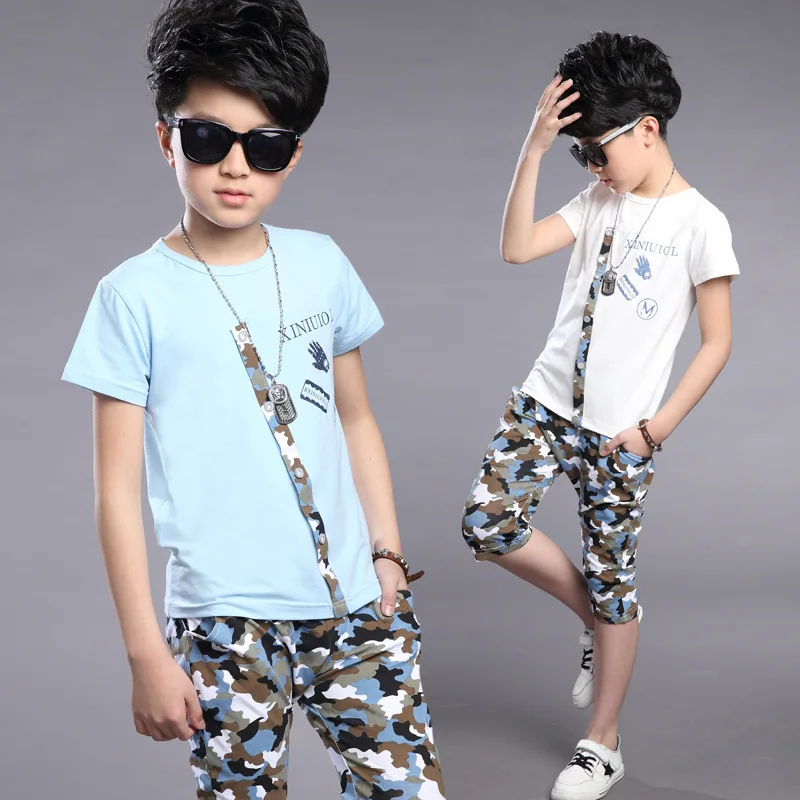 

2017 Summer Boys T-shirts + Camouflage Print Shorts Two Pieces Children's Clothing for 4 6 8 10 12 14 16 18 Years Sports suits