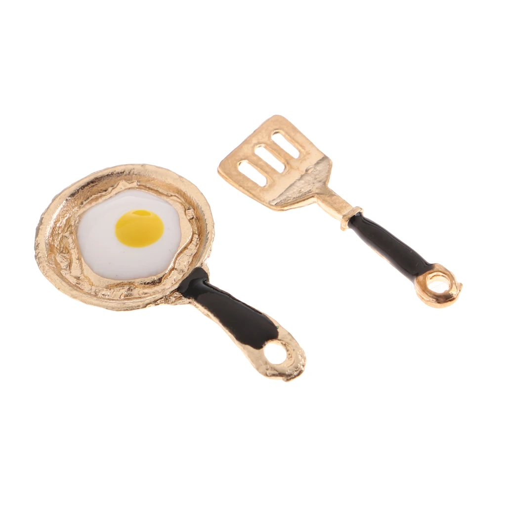 2 Pieces Miniature Frying Egg Pan Fork Set for 1/12 Dolls House Kitchen Cookware Accessories Kids Kitchen Play Toy Black