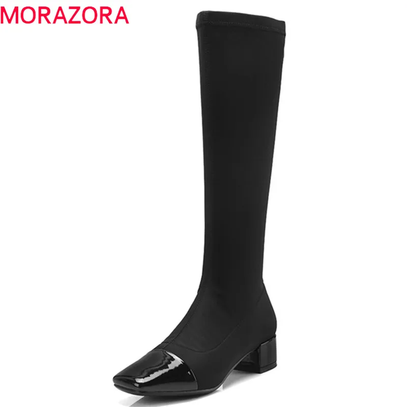 

MORAZORA 2019 hot sale mid calf boots women square toe patent leather boots autumn square heels shoes woman Elastic socks boots