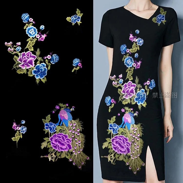 

Fashion Large Peacock Embroidery Flower Patches Clothes Appliques Sew On Motif Badge DIY Clothing Bag