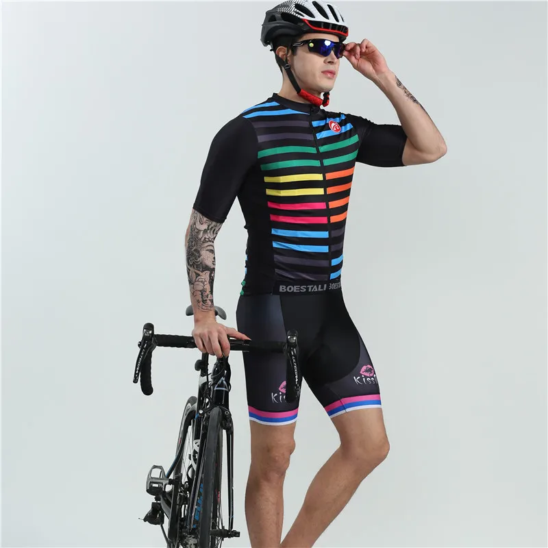 

2019 BOESTALK high quality men cycling set summer short sleeve rainbow stripes bike clothing maillot ciclismo triathlon suit