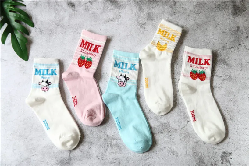 Pile Heap Milk Women Pink Socks Cotton Cartoon Fruit Print Cute Socks Meias Korean Harajuku Style with Cow Strawberry Banana 39