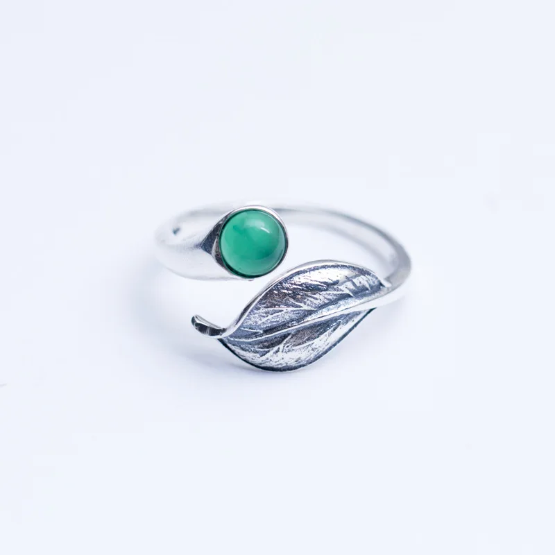 Amxiu Green Chalcedony Leave Ring Vintage Antique Silver Ring S925 Silver Jewelry Open Rings For Women Mother's Gift Accessories
