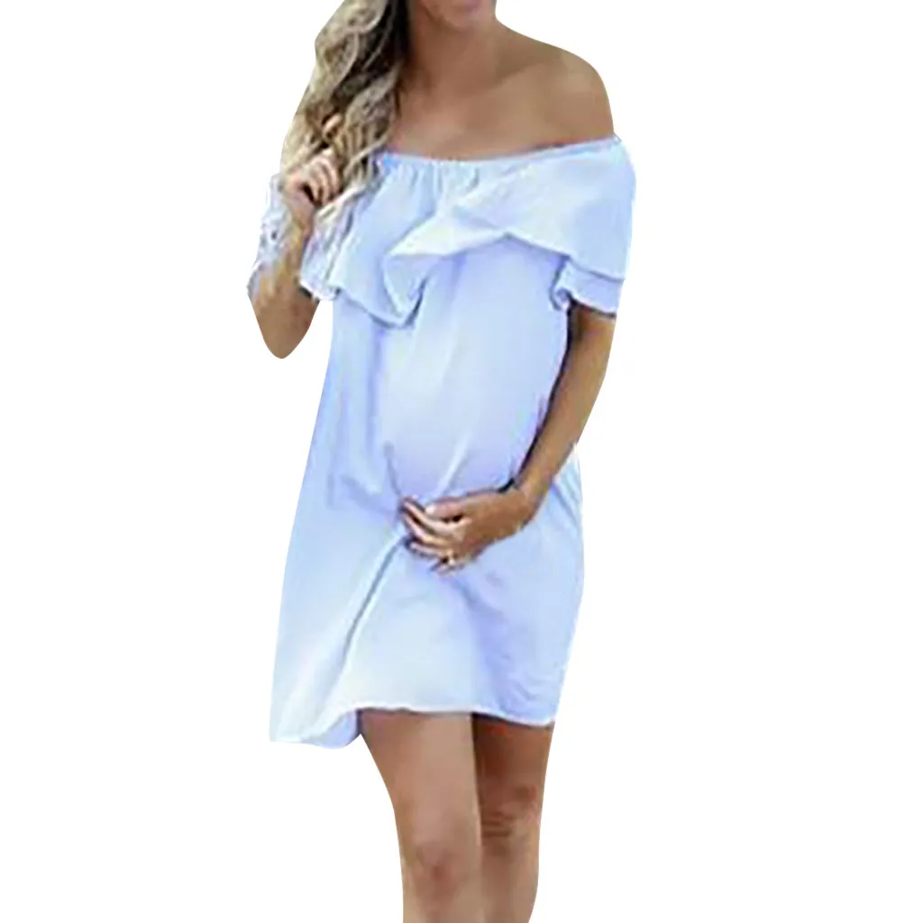 

MUQGEW Women Dress Maternity Sexy Off Shoulder Mini Dresses for Pregnant Solid Color Short Sleeve Pregnancy Sundress Dress 2019