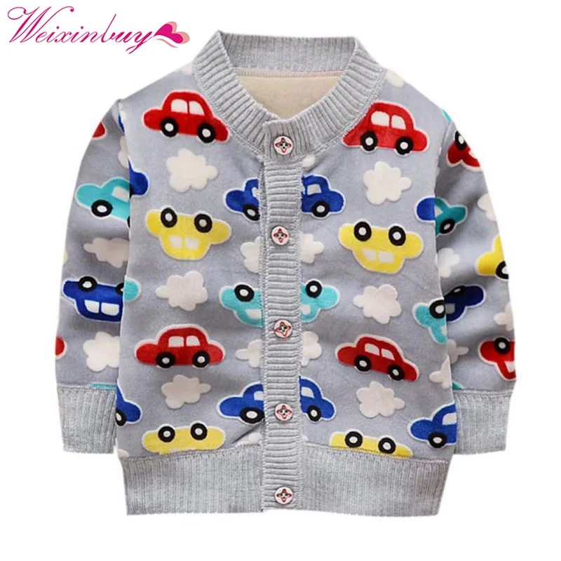 

2017 Knit Cardigan Baby Boy Coats Warm Cartoon Car Pattern Button Spring And Autumn Plus Cashmere Knitting Clothing