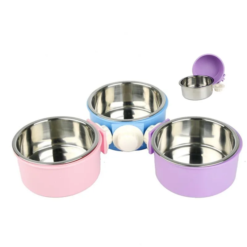 

Pet Dog Stainless Steel Cage Bowl Blue Pink Purple Food Water Feeder For Small Large Dogs Cats BW739