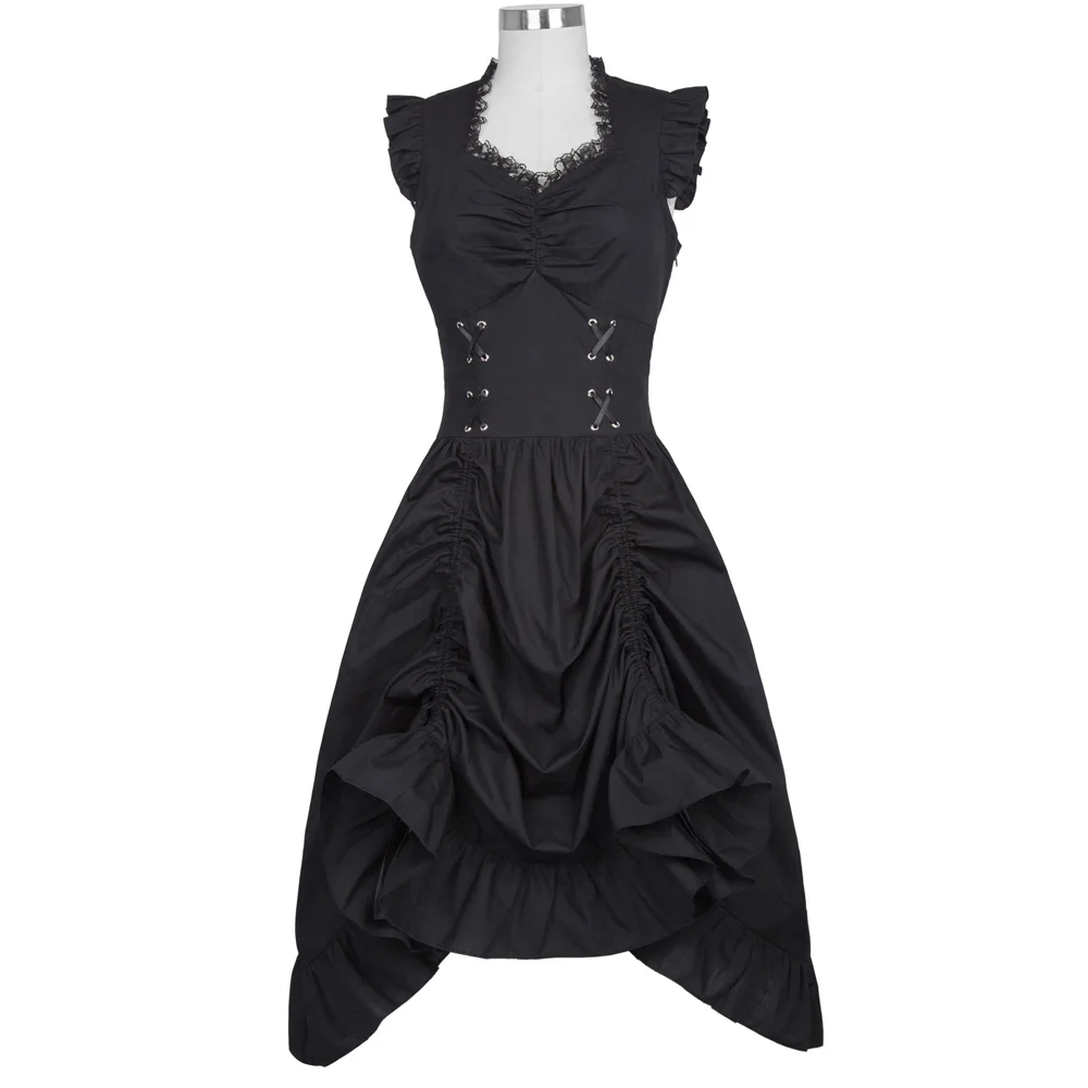 Retro Vintage Black Punk Gothic Sleeveless V-neck Lace-up Corset Ruffle Dress