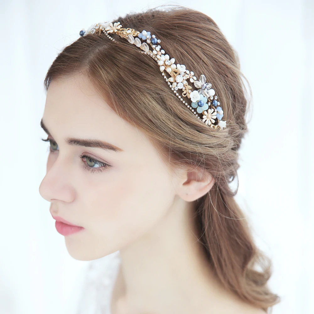 Blue Flower Bridal Headband Handmade Crystal Wedding Headpiece Prom Hair Jewelry