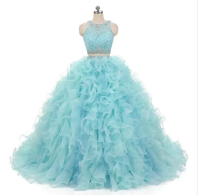 Мятно-зеленое пышное платье из двух частей платья для выпускного вечера кружевные бальные платья Vestido de Fiesta vestidos de 15 anos ballkleid - Цвет: light blue