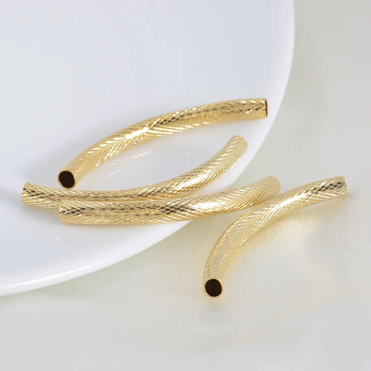 6PCS 45x4MM inside 3MM 24K Gold Color Brass Bracelets Engraved Curved Tube Diy Jewelry Findings Accessories wholesale Jewelry Findings
