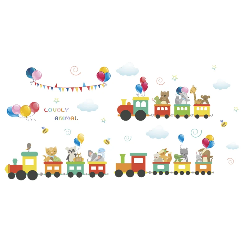 Lovely Animals Train Wall Stickers For Children Kids Rooms Decoration Colorful Balloon Home Decor PVC Wall Mural Art DIY Decals