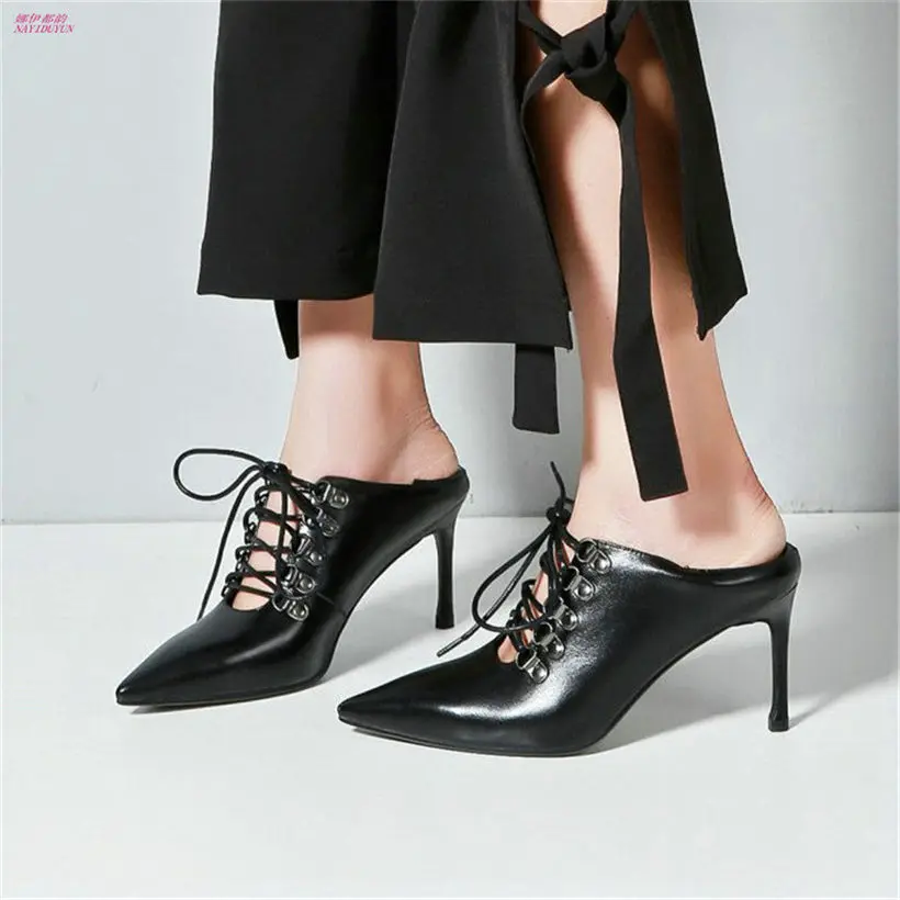 

NAYIDUYUN New Womens Genuine Leather Lace Up High Heel Cut Out Ankle Boots Pointed Toe Summer Party Pumps Shoes Wedding Shoes