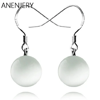 

Anenjery Simple Fashion 925 Sterling Silver White Moonlight stone Opal Ball Drop Earrings For Women Jewelry S-E74