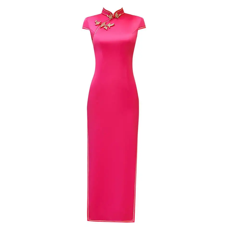 hot pink Ярко розовый Китайский Винтаж одноцветное цвет Тонкий платье сексуальный район для женщин Ципао с коротким рукавом Новинка ручной работы и пуговицы сценическое - Цвет: hot pink