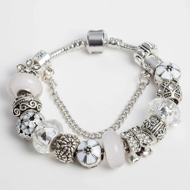 

ANNAPAER 2019 Antique Silver Color Bracelets For Women With Beads White Flower Rhinestone Glass Beads Fit Fashion Jewelry B15262